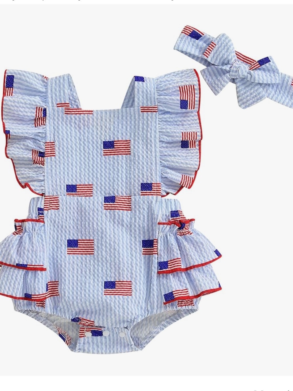 Patriotic Blue Baby Girl Romper with Headband